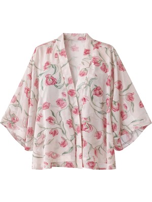 Retrobird Tasarım Boho Desen Mini Kimono Kadın Pudra