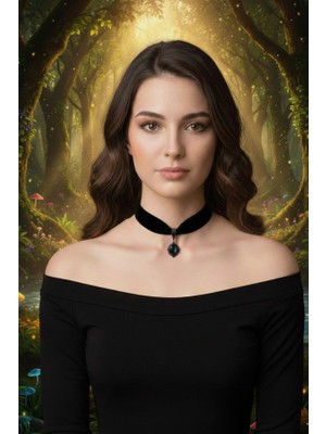 Siyah Gotik Saten  Taşlı Metal Choker Kolye - Barok Stil Madalyon  Taşlı Boyunluk Kolye