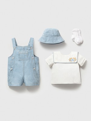 Noynoy Baby Bebek Kot Salopet Takım - Yengeç Nakışlı Denizci Yaka Tişört, Şapka ve Çoraplı 4'lü Set