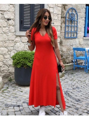 Kadın Kısa Kollu V Yakalı Maksi Boy Viskon Elbise