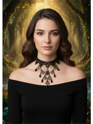 Siyah Gotik Dantel ve Katlı Zincirli Choker Kolye - Viktoryen Stil Madalyon Kolye Kristal Taşlı Boyunluk