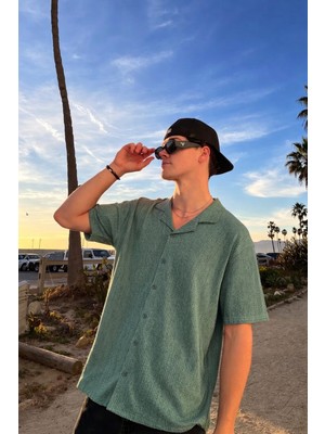 Damga Erkek Basic Polo Yaka Haki Yazlık Keten Gömlek