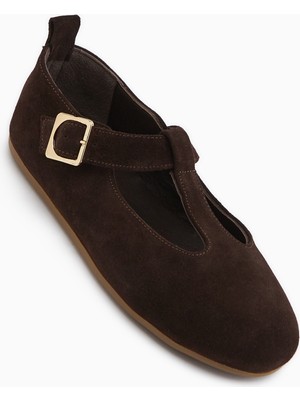 Limoya Danni Hakiki Deri Kahve Süet Kemerli Kadın Babet