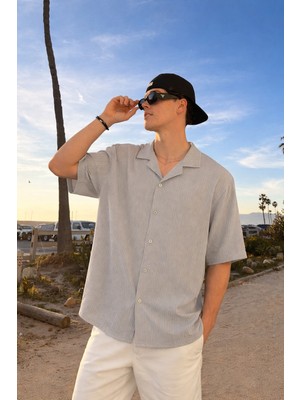 Damga Erkek Basic Polo Yaka Gri Yazlık Keten Gömlek