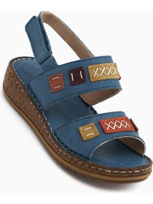 Limoya Loreta Hakiki Deri Mavi Çift Bantlı Kadın Sandalet