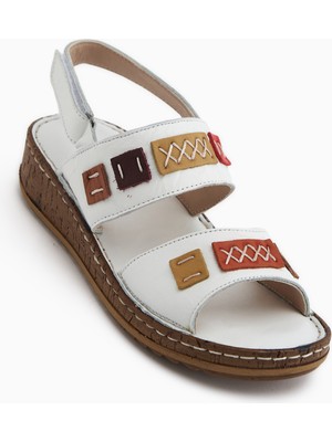 Limoya Loreta Hakiki Deri Beyaz Çift Bantlı Kadın Sandalet