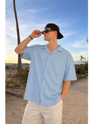 Damga Erkek Basic Polo Yaka Mavi Yazlık Keten Gömlek