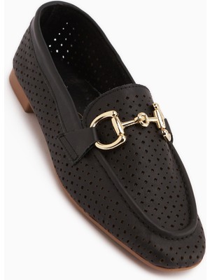 Limoya Rian Hakiki Deri Siyah Tokalı Kadın Babet