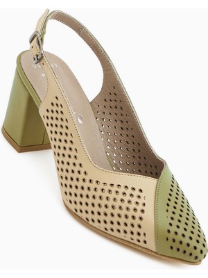 Limoya Cassie Hakiki Deri Yeşil Bej Topuklu Kadın Sandalet