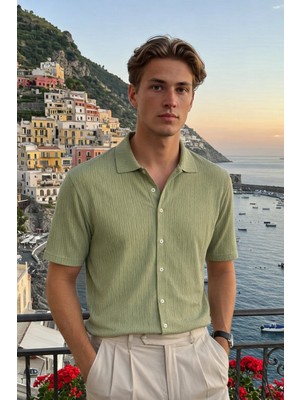 Damga Erkek Trend Polo Yaka Oversize Yeşil Keten Gömlek