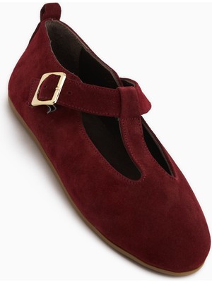 Limoya Danni Hakiki Deri Bordo Süet Kemerli Kadın Babet