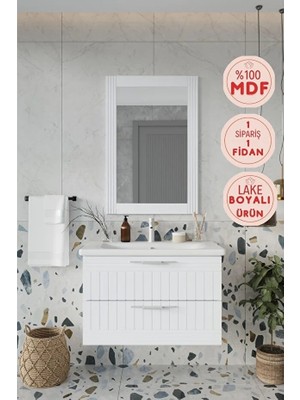 Erguvan Gümüş Kulp Beyaz Demonte 80 cm Lavabolu Banyo Dolabı Ayna Lavabo