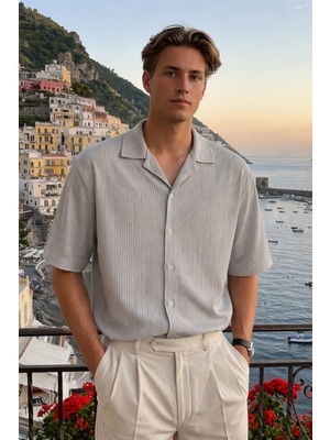 Damga Erkek Trend Polo Yaka Oversize Gri Keten Gömlek