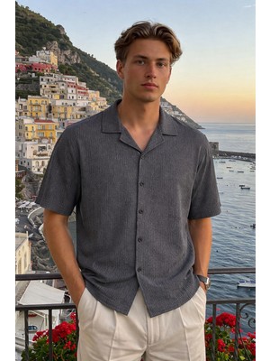 Damga Erkek Trend Polo Yaka Oversize Siyah Keten Gömlek