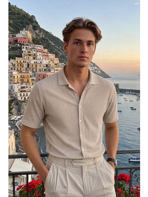 Damga Erkek Trend Polo Yaka Oversize Krem Keten Gömlek