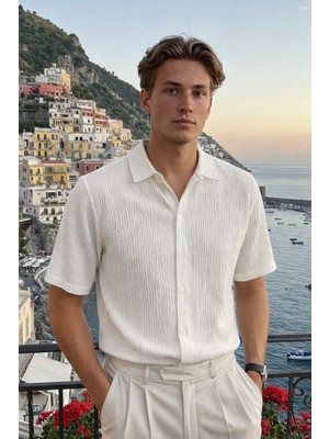 Damga Erkek Trend Polo Yaka Oversize Beyaz Keten Gömlek