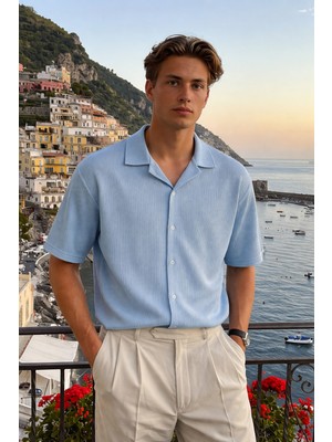 Damga Erkek Trend Polo Yaka Oversize Mavi Keten Gömlek