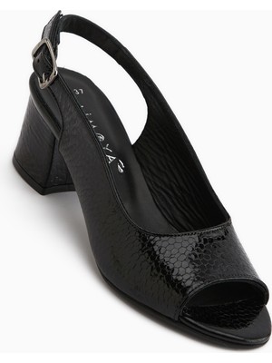 Limoya Catia Hakiki Deri Siyah Yılan Desenli Kadın Topuklu Sandalet