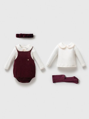 Noynoy Bebek Kız Bebek Kadife Salopet Takımı - Bandana ve Külotlu Çorap Dahil 4'lü Set - Bordo/ekru 3-6AY