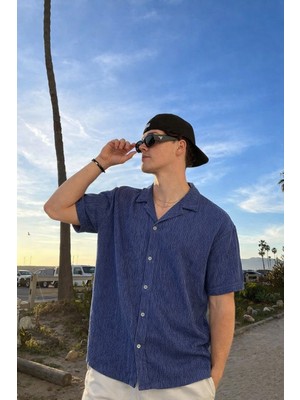 Damga Erkek Basic Polo Yaka Lacivert Yazlık Keten Gömlek