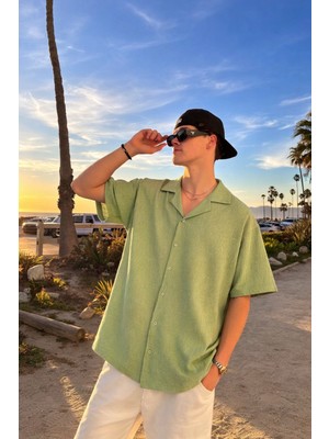 Damga Erkek Basic Polo Yaka Yeşil Yazlık Keten Gömlek