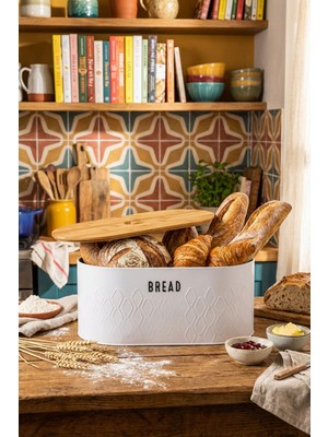 Feyza Design Bambu Kapaklı Beyaz Metal Ekmek Kutusu, 34X19X16 Cm, Şık ve Kullanışlı