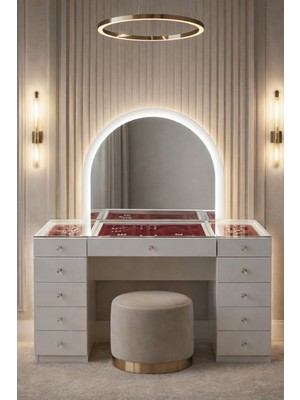 Setay Aynalı Makyaj Masası, Lavin Cam Üst Bölmeli Takı Düzenleyicili Şifonyer