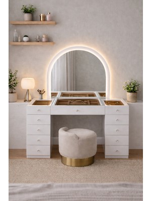 Setay Aynalı Makyaj Masası, Lavin Cam Üst Bölmeli Takı Düzenleyicili Şifonyer