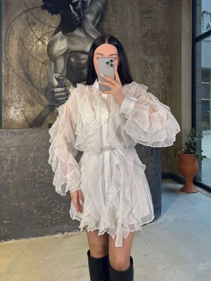 Katina Transparan Iç Astarlı Full Fırfırlı Düğme Detaylı  Iki Parça Taş Işlemeli Özel Tasarım Mini Elbise Beyaz