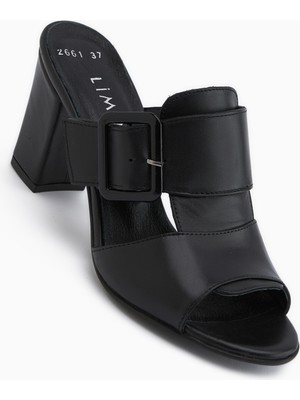 Limoya Ansa Hakiki Deri Siyah Topuklu Kadın Terlik