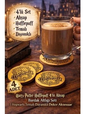 Toyfest Harry Potter Hufflepuff 4’lü Ahşap Bardak Altlığı Seti | Hogwarts Temalı Dayanıklı Coaster