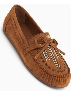 Limoya Darya Taba Süet Nakışlı Makosen Ayakkabı Kadın Loafer