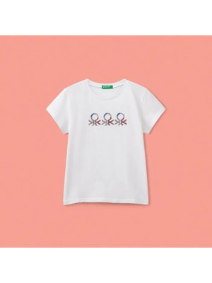 Gugo Benetton Kız Çocuk Baskılı TShirt 6-14 Yaş Beyaz Düz Kol Normal Kesim Tarzında