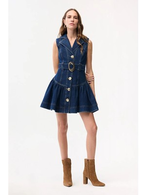 Adl Önden Düğmeli Denim Elbise Lacivert 12446645000