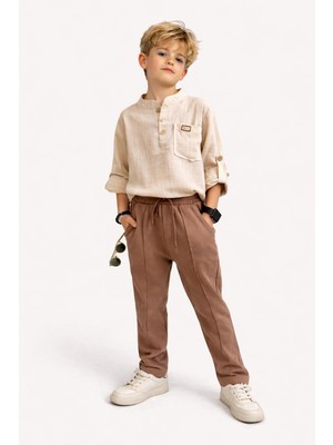 Rapapa Erkek Çocuk Hakim Yaka Müslin Bej Gömlekli Kahve Jogger Pantolonlu Şık Kombin Takım 5083