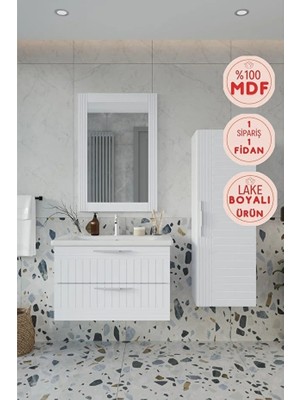 Erguvan Beyaz Gümüş Kulp Demonte 80 cm Lavabolu Banyo Dolabı Ayna Lavabo Boy Dolabı