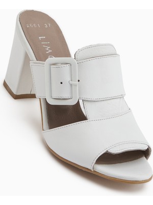 Limoya Ansa Hakiki Deri Beyaz Topuklu Kadın Terlik