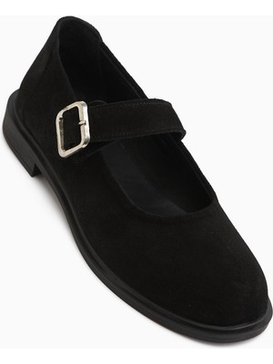 Limoya Senta Hakiki Deri Siyah Süet Tokalı Kadın Günlük Ayakkabı