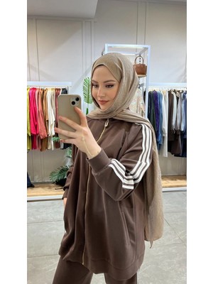 Nuss 1092 Şerit Detaylı Önden Full Fermuarlı Pantolonlu Takım Kahve