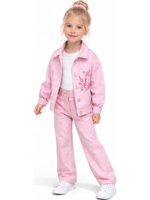 Rapapa Kız Çocuk Gabardin 3 Parça Pembe Ceketli Takım – Nakış Detaylı Ceket, Basic Body ve Pantolon Set 9920