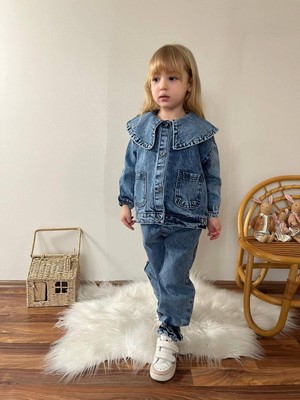 Rapapa Kız Çocuk Yaka Detay Kot Ceket - Kot Pantolon - Badi 3 Parça Takım - Bayramlık 9911