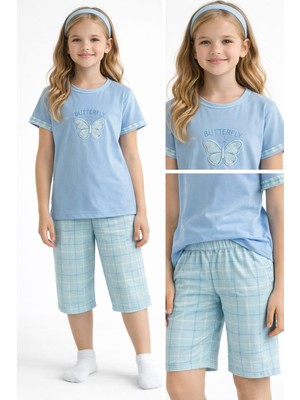 Rapapa Kız Çocuk Açık Mavi Kelebek Baskılı Kapri Pijama  Takım-2302