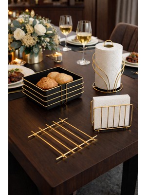 Feyza Design Şık Ekmek Sepeti ve Servis Seti, 4'lü, Havluluk ve Peçetelikli, Nihale Uyumlu