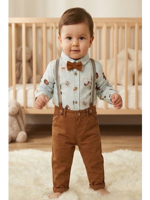 CATTAC Erkek Bebek "Baby Boy" Desenli Gömlek ve Kahverengi Askılı Pantolon 4'lü Takım (6-24 Ay)