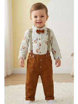 CATTAC Erkek Bebek ve Çocuk Panda ve Balon Desenli Tarçın Rengi Papyonlu ve Askılı 4'lü Takım (6-24 Ay)