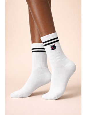 Katia & Bony Kadın Kedi Nakışlı Soket Çorap Beyaz