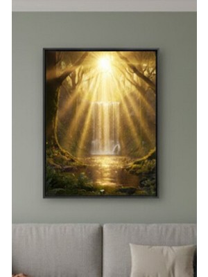 Safir Design Altın Işıklı Orman ve Şelale Çerçeveli Tablo