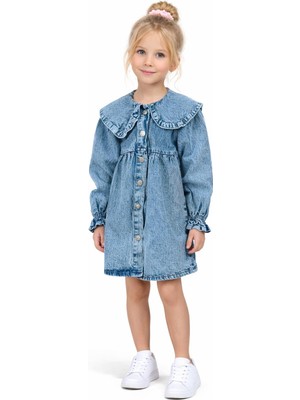 Rapapa Kız Çocuk Mavi Kot Elbise – Fırfır Yaka Detaylı Düğmeli Jean Elbise  9916