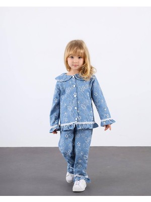 Rapapa Kız Çocuk  Bayramlık  Mevsimlik Çiçek Desenli Takım – Fırfır Detaylı Şık Kot Ceket & Pantolon 2’li Kombin 9171