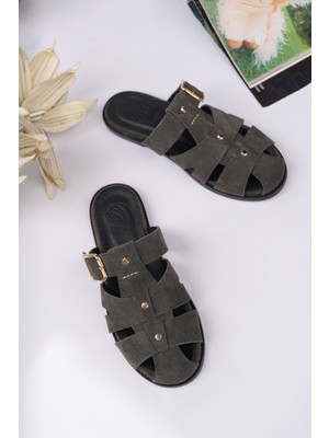 Sy Leather Faye Model Hakiki Deri Çakma Trop Detaylı Tokalı Kadın Terlik